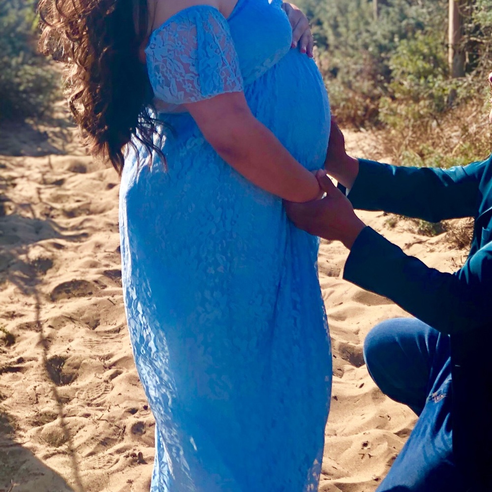 Blue lace off shoulder maternity maxi photo shoot